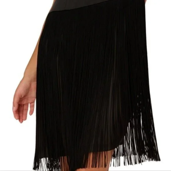 Liv Foster Mock Neck Sleeveless Midi Asymmetrical Fringe Crepe Dress Size 8 New - Picture 13 of 16